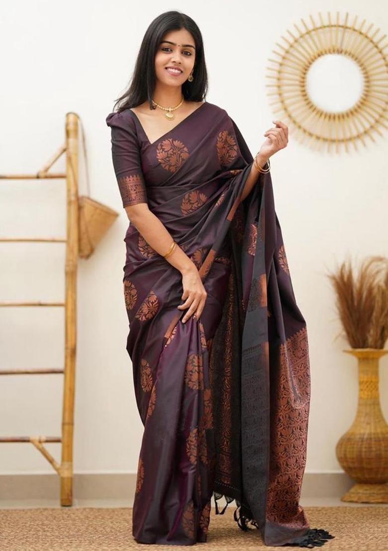 Wine Printed Silk Saree