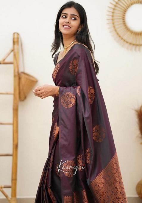 Wine Printed Silk Saree