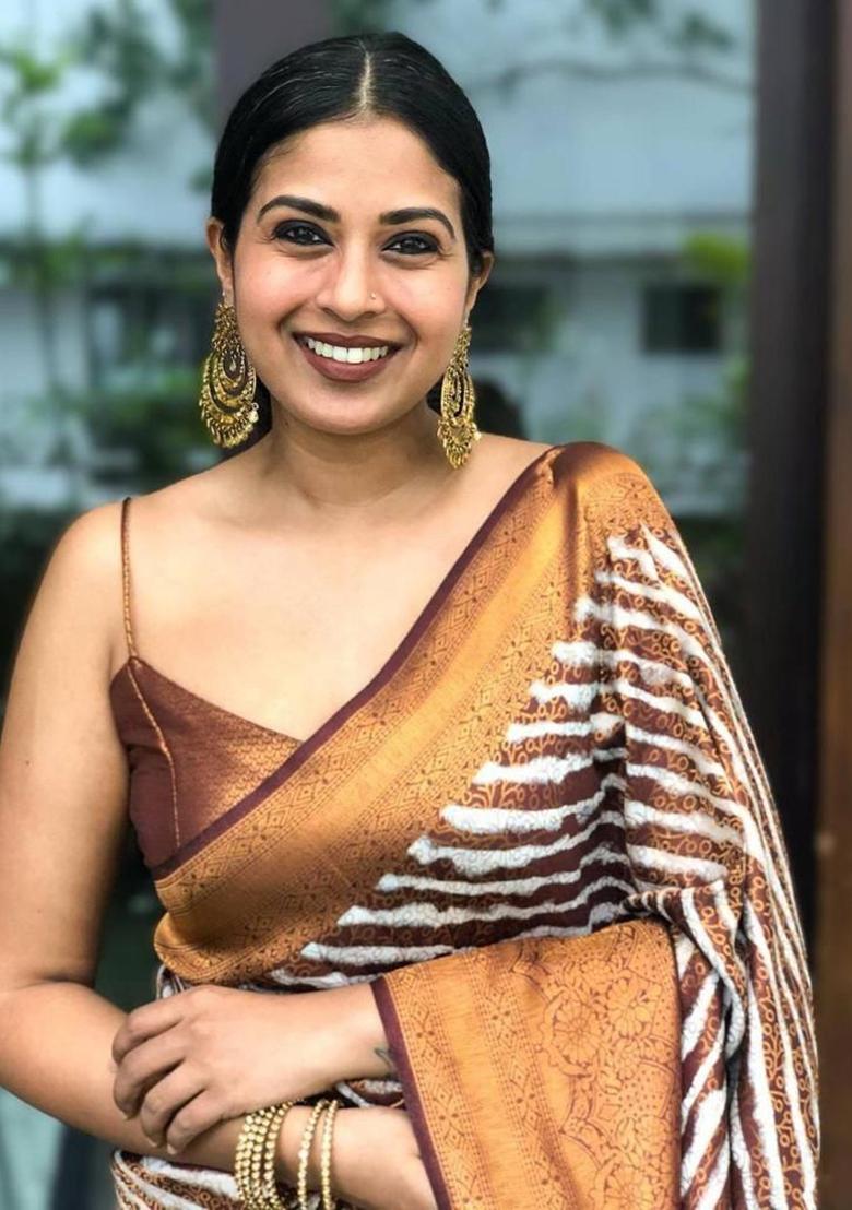 Brown Printed Silk Saree