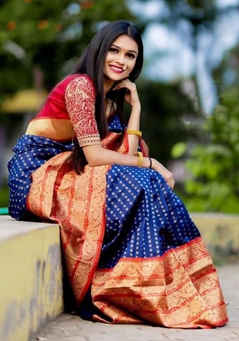 Navy Blue Printed Silk Saree