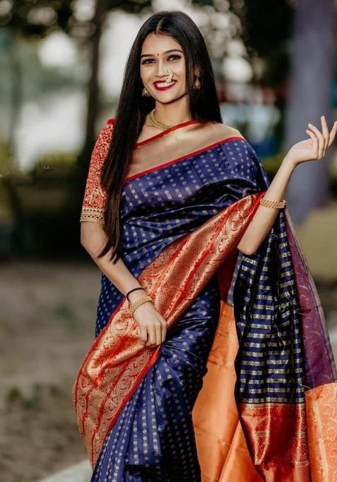 Navy Blue Printed Silk Saree