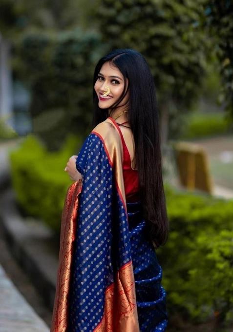 Navy Blue Printed Silk Saree