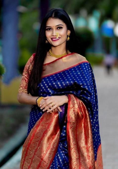 Navy Blue Printed Silk Saree