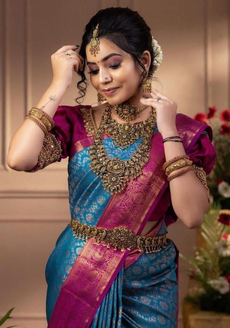 Blue Printed Silk Saree