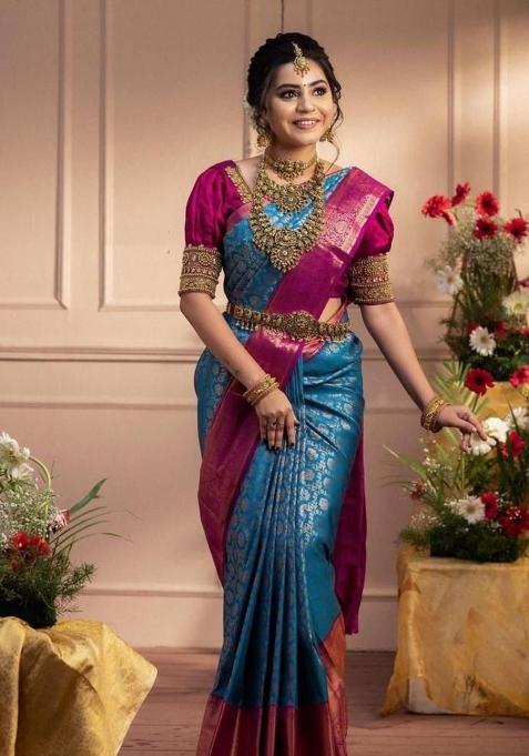 Blue Printed Silk Saree