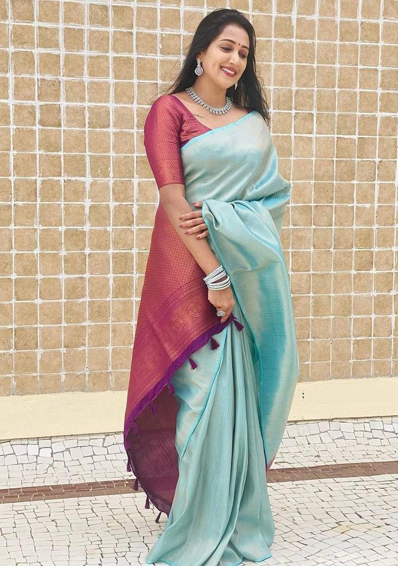 Sky Blue Printed Silk Saree
