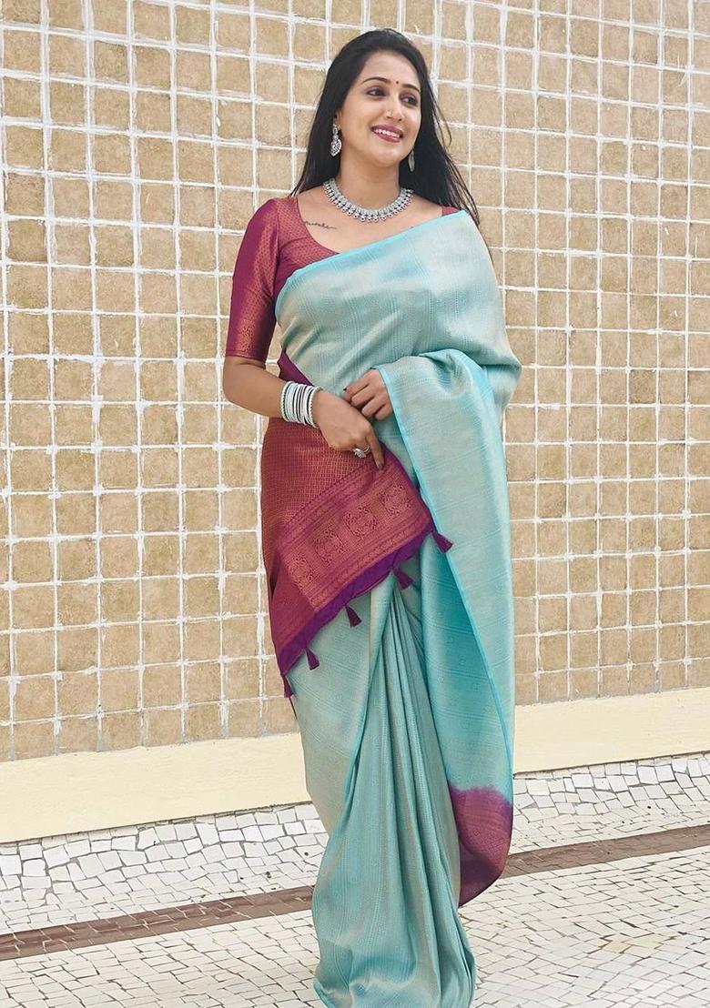 Sky Blue Printed Silk Saree
