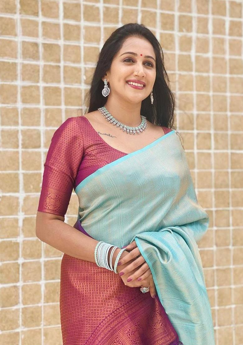 Sky Blue Printed Silk Saree