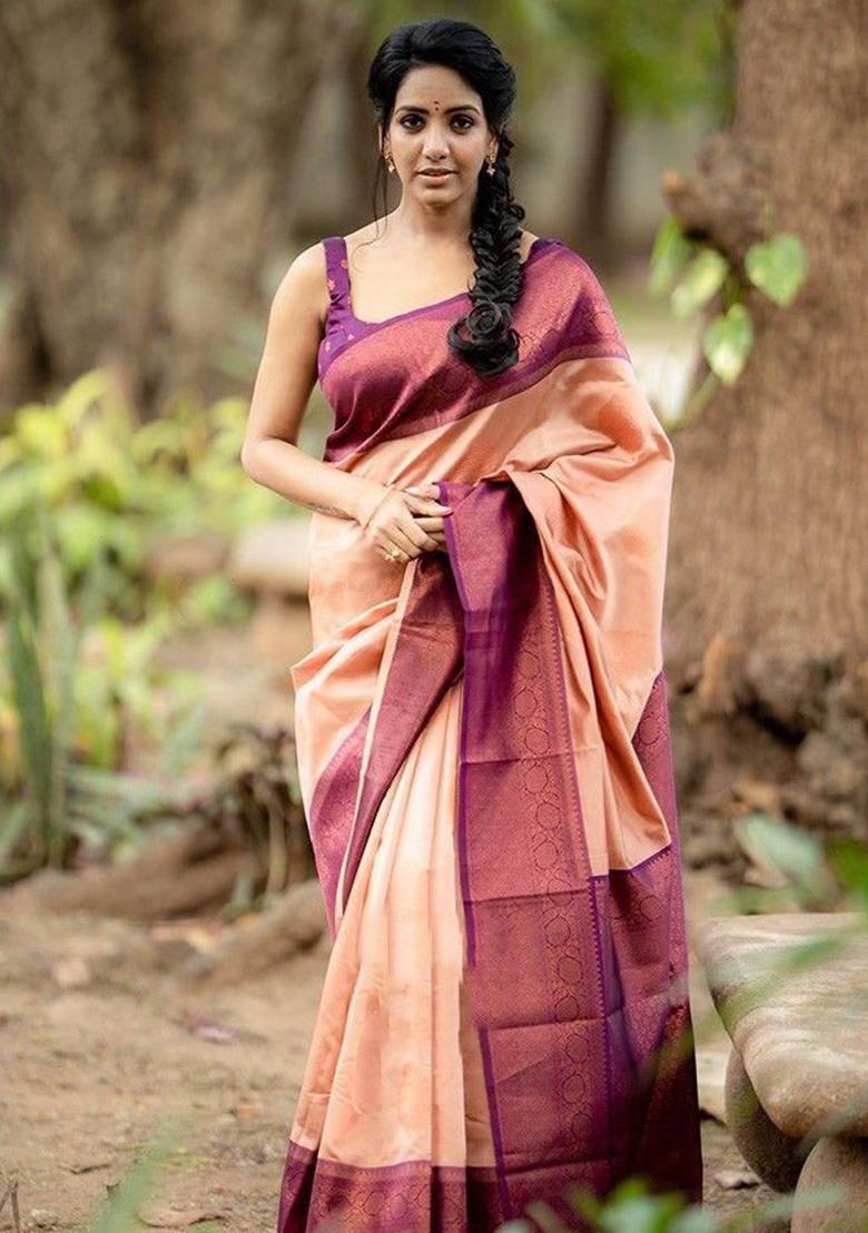 Peach Printed Silk Saree