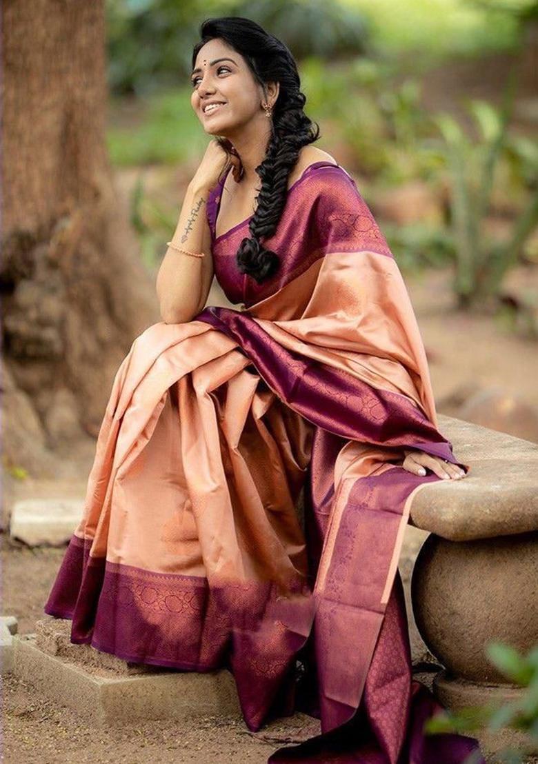 Peach Printed Silk Saree