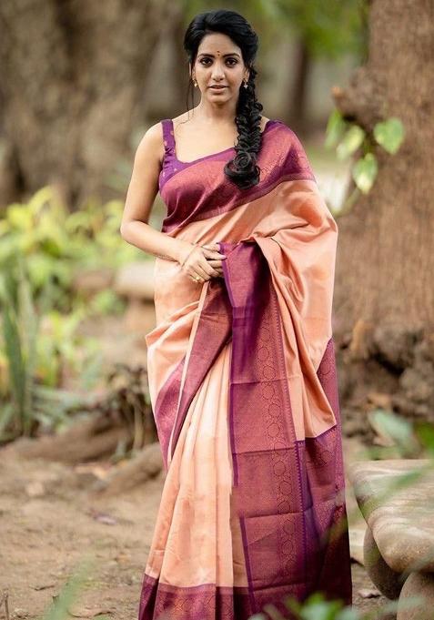 Peach Printed Silk Saree