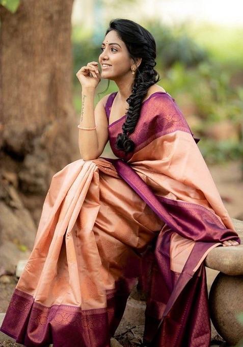 Peach Printed Silk Saree