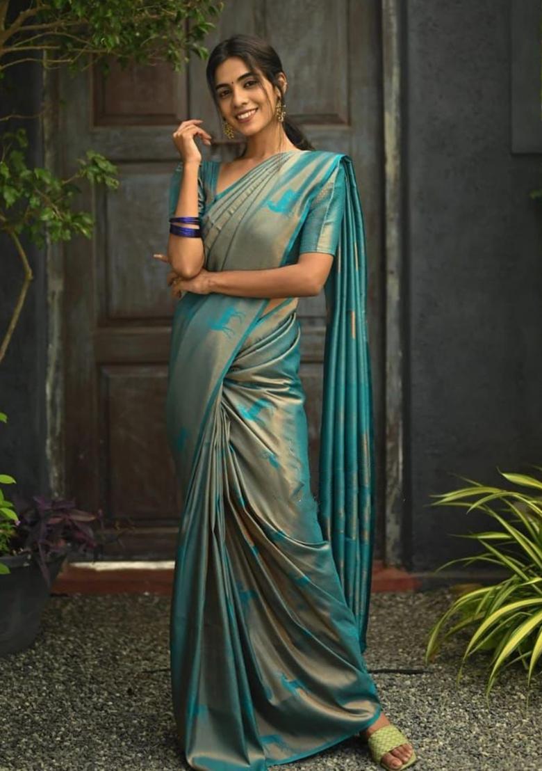 Sky Blue Printed Silk Saree