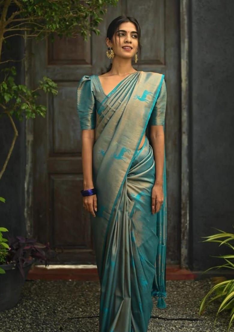 Sky Blue Printed Silk Saree
