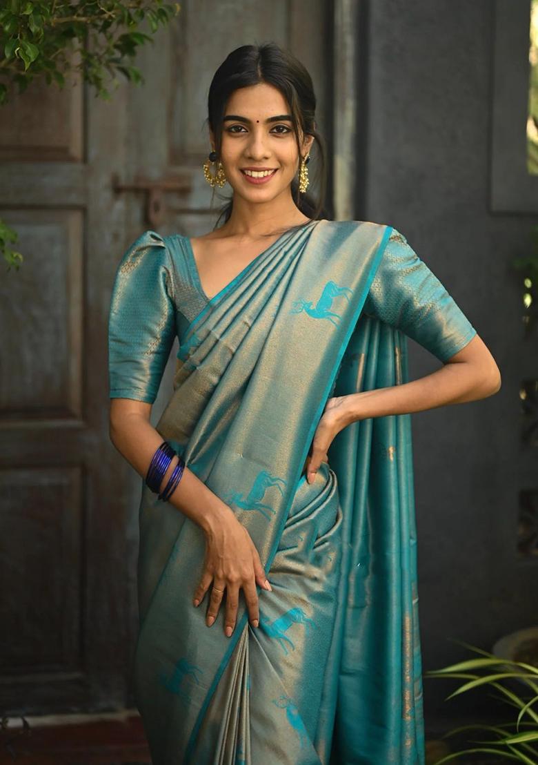 Sky Blue Printed Silk Saree