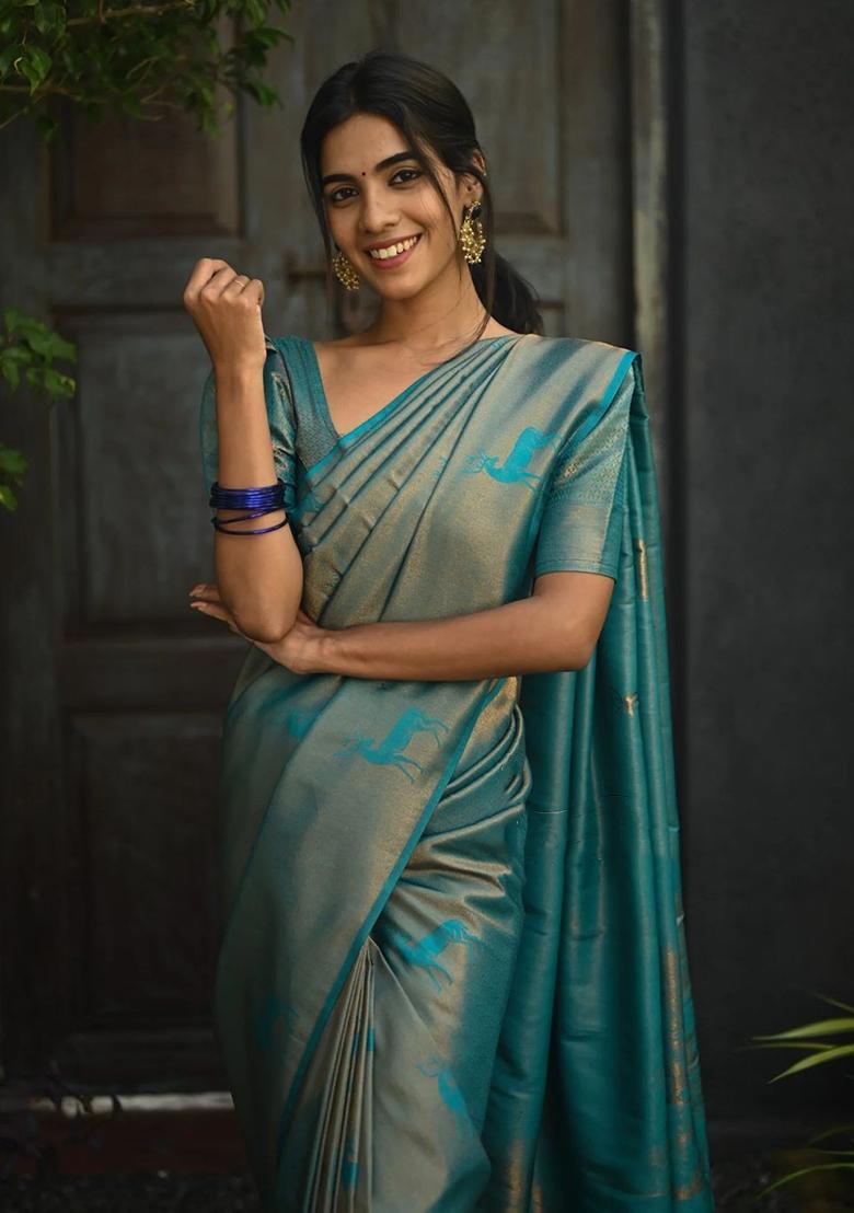 Sky Blue Printed Silk Saree