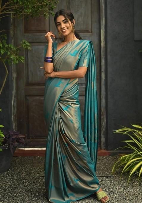Sky Blue Printed Silk Saree