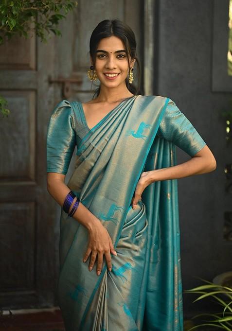 Sky Blue Printed Silk Saree