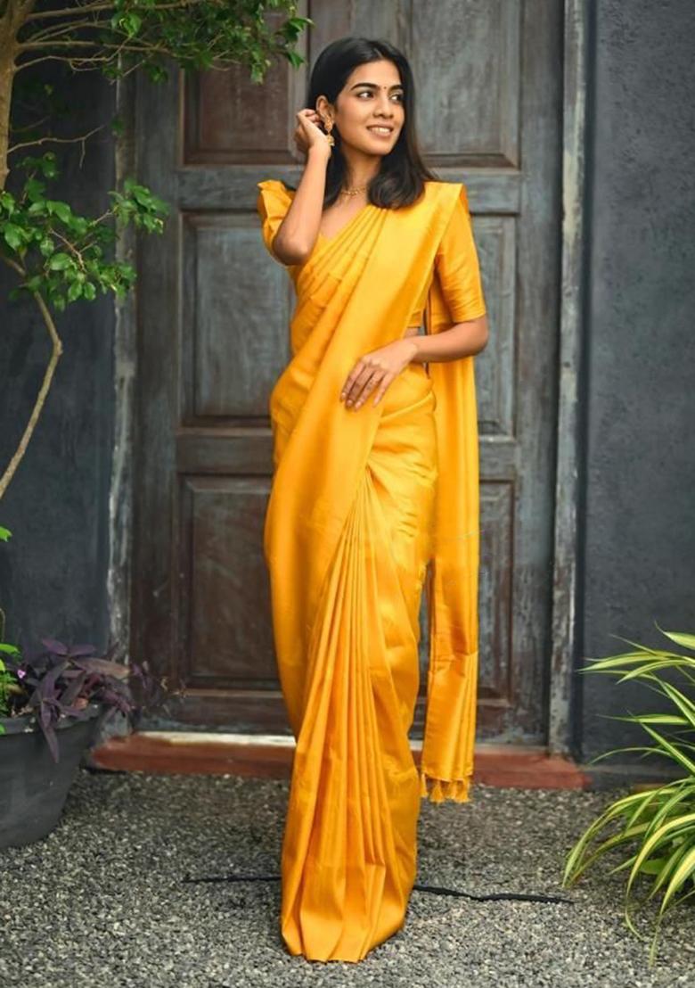 Yellow Printed Silk Saree
