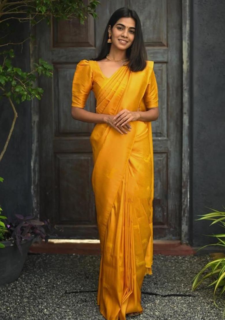 Yellow Printed Silk Saree
