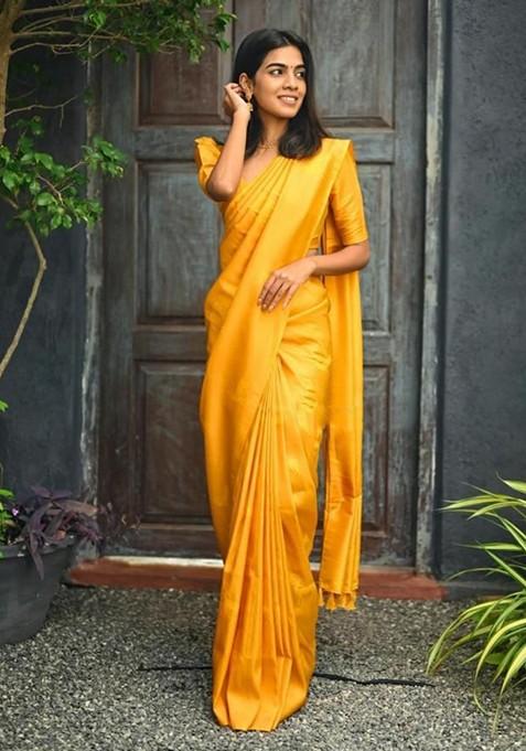 Yellow Printed Silk Saree