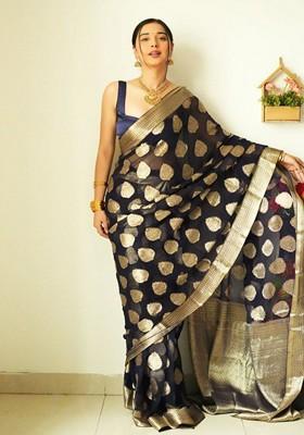 Black Embroidered Linen Pre Stitched Saree Set