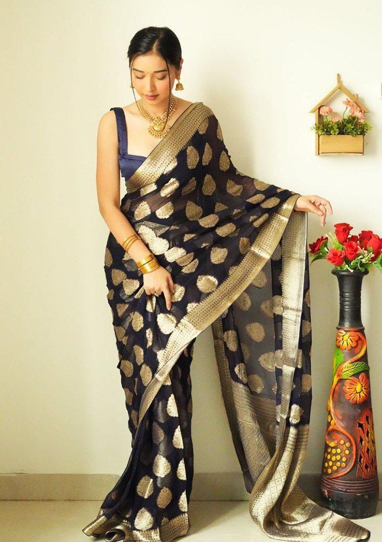 Black Embroidered Linen Pre Stitched Saree Set