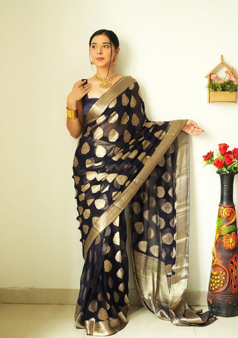 Black Embroidered Linen Pre Stitched Saree Set