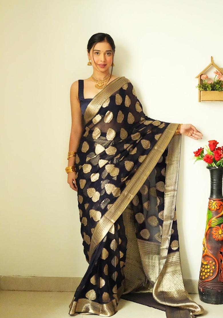 Black Embroidered Linen Pre Stitched Saree Set