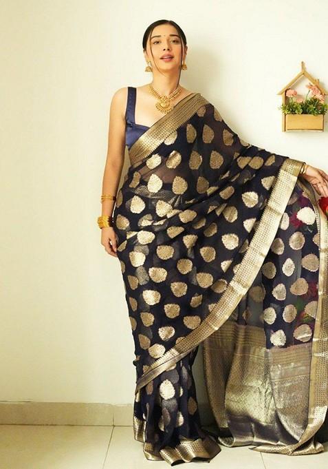 Black Embroidered Linen Pre Stitched Saree Set