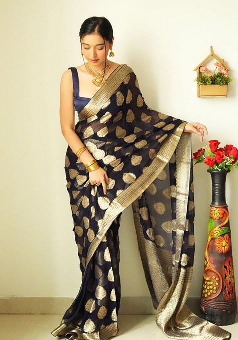 Black Embroidered Linen Pre Stitched Saree Set