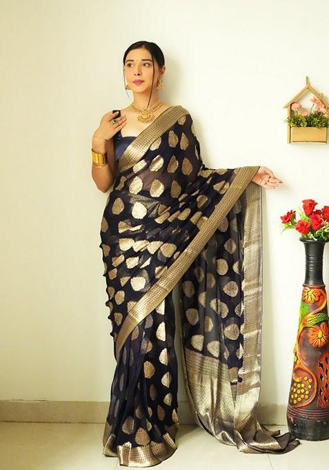 Black Embroidered Linen Pre Stitched Saree Set