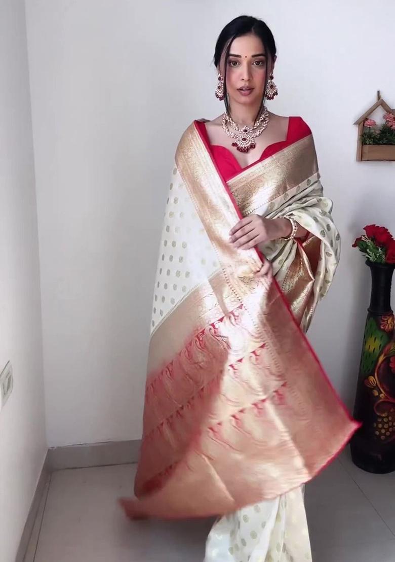 Cream Embroidered Linen Pre Stitched Saree Set