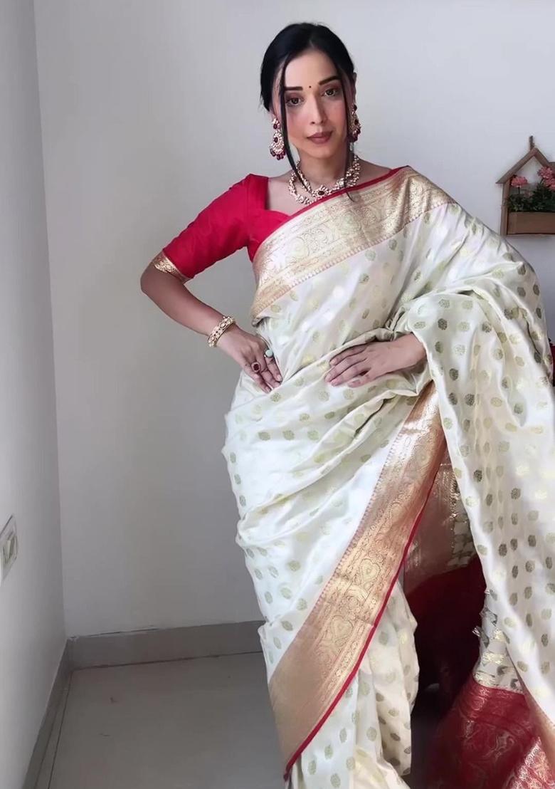 Cream Embroidered Linen Pre Stitched Saree Set