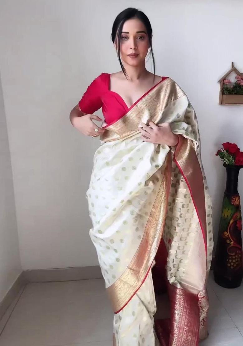 Cream Embroidered Linen Pre Stitched Saree Set