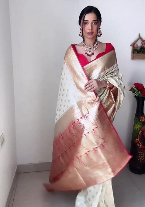 Cream Embroidered Linen Pre Stitched Saree Set