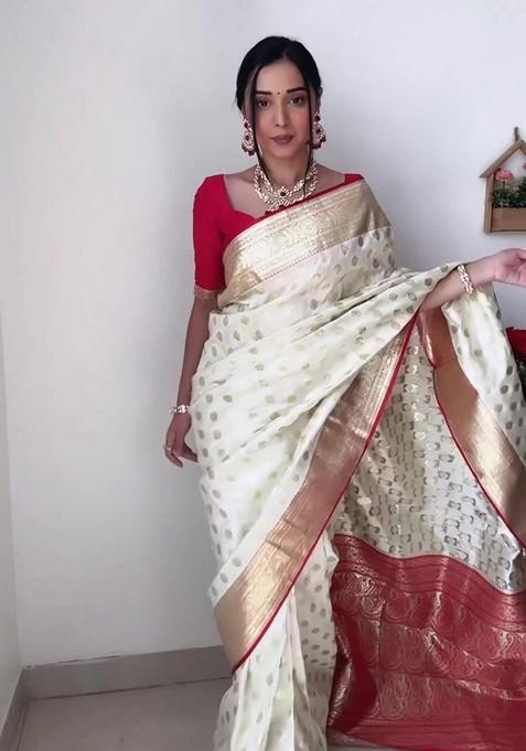 Cream Embroidered Linen Pre Stitched Saree Set