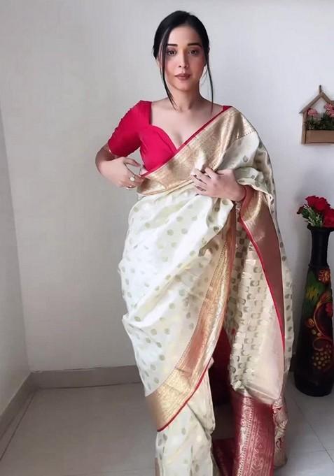 Cream Embroidered Linen Pre Stitched Saree Set