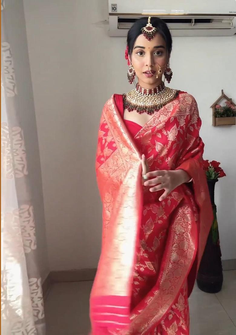 Red Embroidered Linen Pre Stitched Saree Set