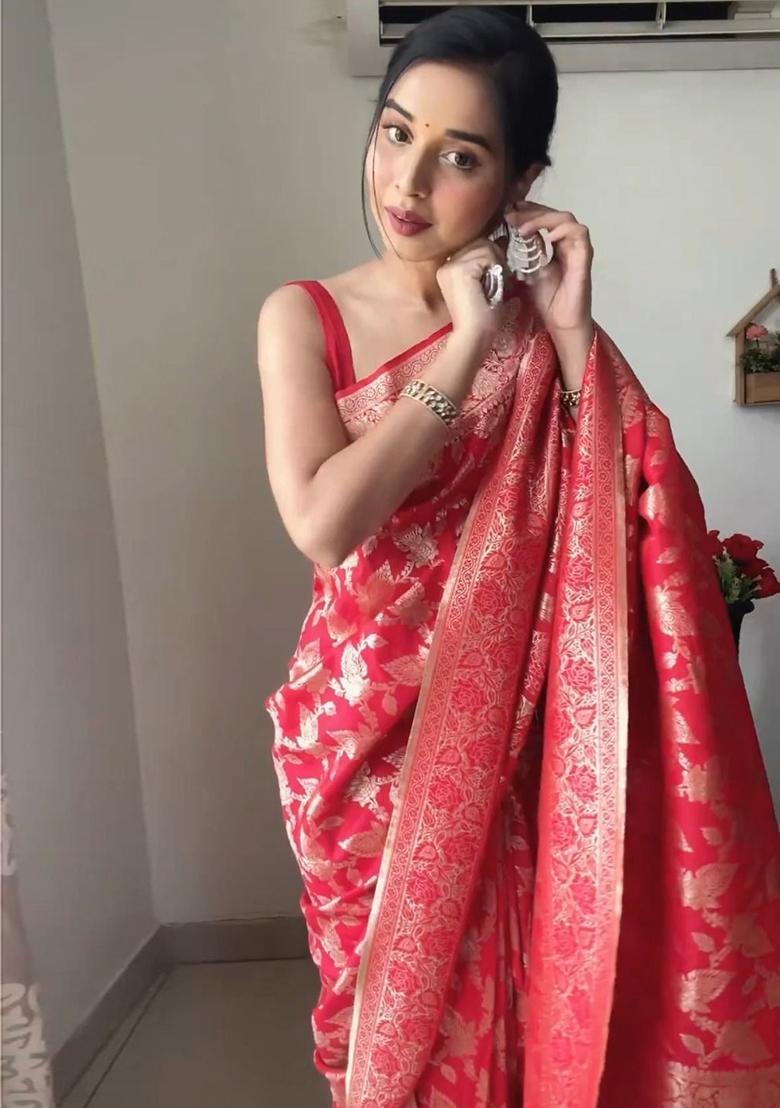 Red Embroidered Linen Pre Stitched Saree Set