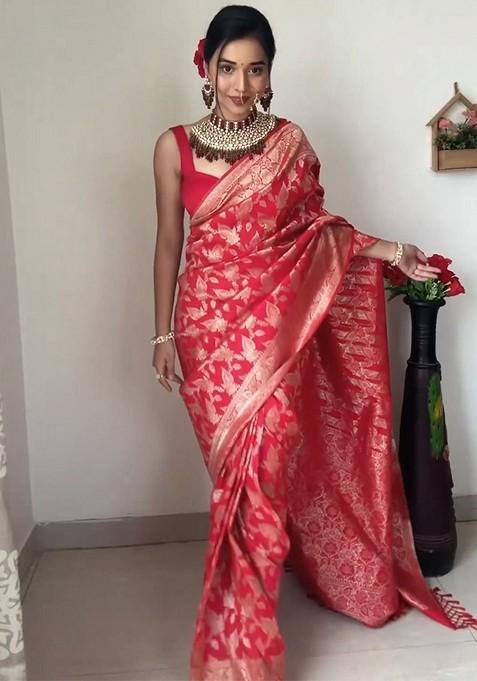 Red Embroidered Linen Pre Stitched Saree Set