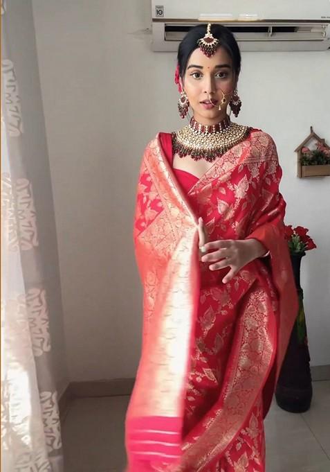 Red Embroidered Linen Pre Stitched Saree Set