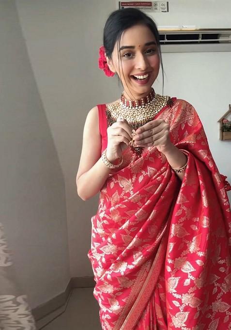 Red Embroidered Linen Pre Stitched Saree Set