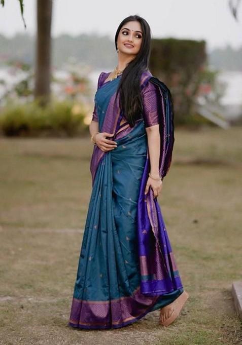 Teal Printed Silk Saree