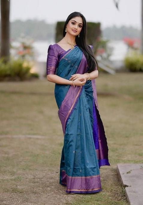 Teal Printed Silk Saree