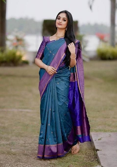 Teal Printed Silk Saree