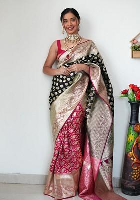 Black Embroidered Linen Pre Stitched Saree Set