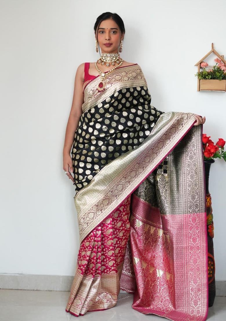 Black Embroidered Linen Pre Stitched Saree Set