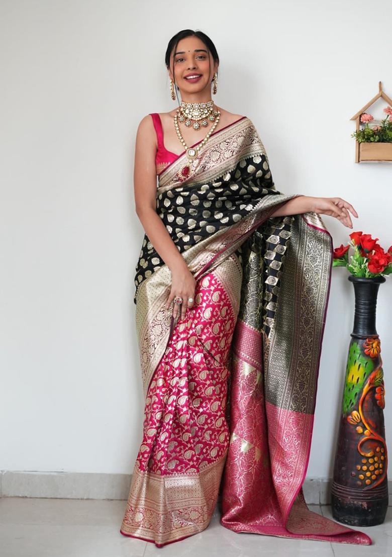Black Embroidered Linen Pre Stitched Saree Set