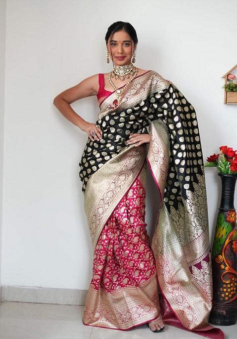 Black Embroidered Linen Pre Stitched Saree Set